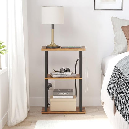 TUTOTAK Small Narrow Side Table with Charging Station, Set of 2 Skinny End Table for Small Spaces, Slim Nightstand with USB Ports and Outlet,Sofa Beside Table with Wheels, Brown TB01BB047