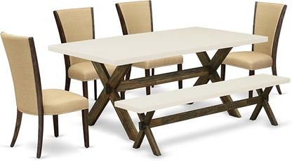 East West Furniture X727VE703-6 6 Piece Dining Room Table Set Contains a Rectangle Kitchen Table with X-Legs and 4 Brown Linen Fabric Parson Chairs with a Bench, 40x72 Inch, Multi-Color
