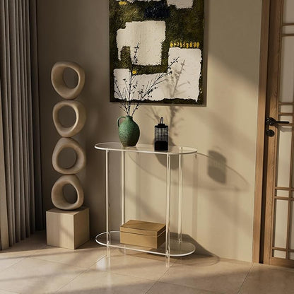 Acrylic Console Table, Oval, 29.5" Small Entryway Table, Clear Entry Table for Sofa, Foyer, Hallway, Living Room, Easy Assembly, 2 Tier, 11.8" D x 31.5" H