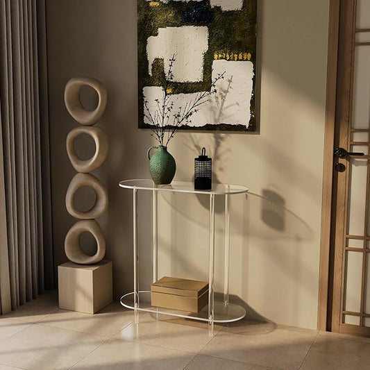 Acrylic Console Table, Oval, 29.5" Small Entryway Table, Clear Entry Table for Sofa, Foyer, Hallway, Living Room, Easy Assembly, 2 Tier, 11.8" D x 31.5" H