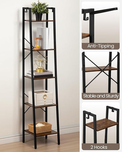 Ladder Shelf, Bookshelf Bookcase, Freestanding Corner Storage Shelve with 2 Hooks for Home Office, Living Room, Kitchen, Bedroom, Industrial, 5-Tier Rustic Brown BC03201B