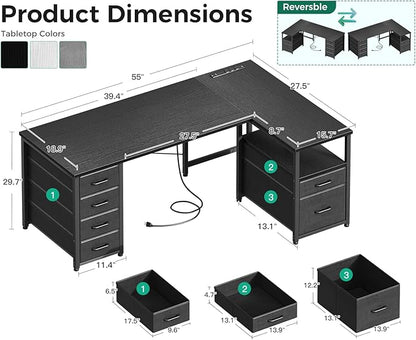 Coleshome L Shaped Computer Desk with 6 Drawers & Power Outlet, 55 Inch Corner Desk with Reversible Storage Shelf & File Drawer, Home Office Desk, Black
