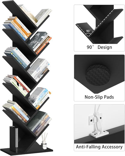 10 Tier Tree Book Shelf, Floor Standing Wood Bookshelf for Narrow Space, Storage Organizer Bookshelves for Books/CDs/Magazine, Bookcase with Shelves for Home Office, Living Room - Black