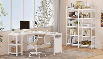 FATORRI Bookshelves and Bookcases, 5 Tier Tall Wood Metal Bookshelf, 51in Wide Bookcase Modern Shelving Unite for Home Office, Living Room, Bedroom (White Oak)