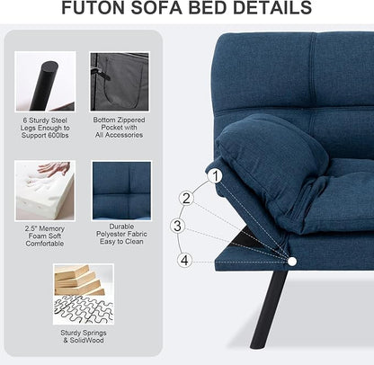 Vipbear Futon Sofa Bed Couch, 71" Convertible Sofa Bed, Space-Saving Loveseat with Adjustable Backrest & Armrest for Living Room,Apartment,Office,Blue Sleeper Sofa