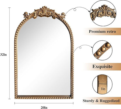 ironsmithn Gold Arched Mirror, 20"x32" Ornate Beaded Frame Mirror, Metal Decorative Accent Mirrors for Fireplace Bedroom Bathroom Living Room Entryway