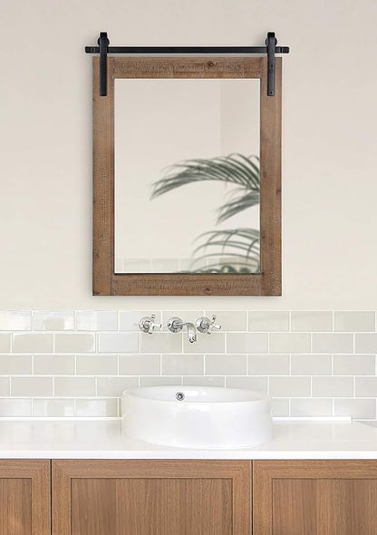 Kate and Laurel Cates Rustic Wall Mirror, 22" x 30" Rustic Brown, Farmhouse Barn Door-Inspired Wall Decor