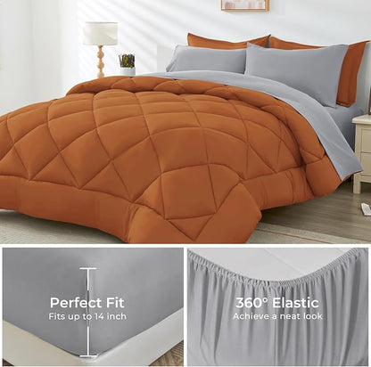 HEVUMYI King Comforter Set - 7-Piece All Season Bed in a Bag King, Ultra Soft Bedding Set with Comforter, Flat Sheet, Fitted Sheet, Pillowcases, Pillow Shams, Orange & Light Grey
