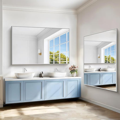 40x60inch Silver Bathroom Mirror, Silver Rectangle Mirror with Frame, Large Rectangular Wall Mirrors for Bathroom, Living Room, Hair Salon, Big Farmhouse Mirror Hang Horizontal/Vertical