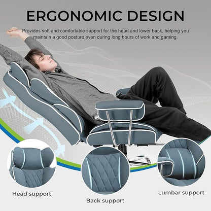 GTRACING Gaming Chair,Office Chair with Pocket Spring Lumbar Support, Ergonomic Comfortable Wide Office Desk Computer Chair with Outward Fixed Soft Armrests and Footrest (Fabric, Blue)