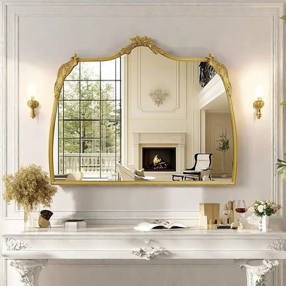Baroque Mirror with Gold Vintage Decoration, Antique Brass Wall Mounted Mirror for Fireplace/Living Room/Hallway/Bathroom, Retro Palace Style for Decoration