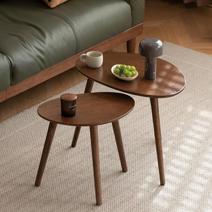 Small Oval Nesting Table, Mid Century Coffee Tables for Living Room,Solid Oak Wood Side Table,Triangle Tabletop with 3 Legs,Minimalist Display End Tables (Walnut Color, Combine)