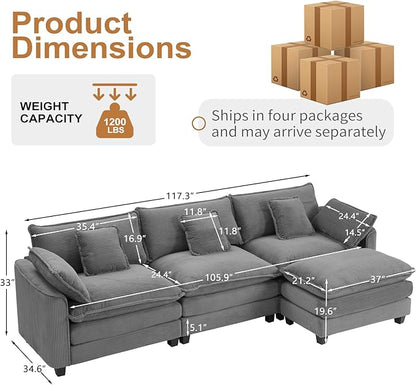Furniliving 117‘’ L-Shaped Sofa, Luxury Corduroy Modular Sectional Couches with Ottoman, Upholstered Deep Seat Sleeper Sofa with Memory Foam and Waist Pillows, Grey