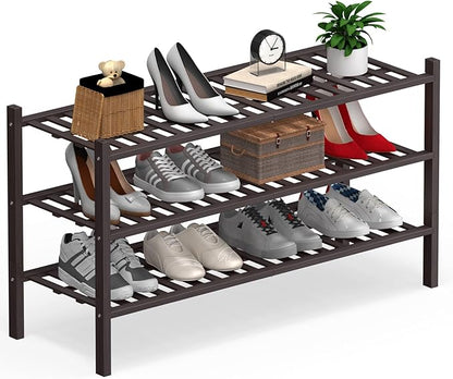 Haddockway Long 3 Tier Bamboo Shoe Rack Storage Organizer, Multifunctional Free Standing Stackable Shoe Shelf with Grid Panel for Closet,Hallway,Entryway,Small Space 34.2"x11"x20"(Brown, 3-Tier(Long))