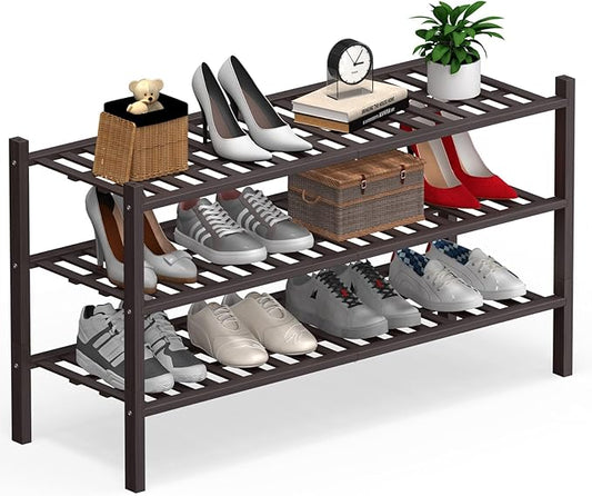 Haddockway Long 3 Tier Bamboo Shoe Rack Storage Organizer, Multifunctional Free Standing Stackable Shoe Shelf with Grid Panel for Closet,Hallway,Entryway,Small Space 34.2"x11"x20"(Brown, 3-Tier(Long))