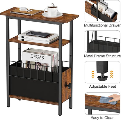 Snughome Narrow Side Table for Small Spaces, Slim End Table 3 Tier, Skinny Nightstand with Drawer, Sofa Beside Table with Storage Shelf for Living Room Bedroom