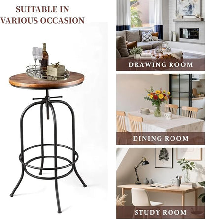 Industrial Bar Table Height Adjustable 37.4-45.3inch Vintage Swivel Pub Tables Solid Wood Top Metal Base with Footrest