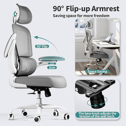 Office Chair Ergonomic Desk Chair, 330 LBS Home Mesh Office Desk Chairs with Wheels, Comfortable Gaming Chair, High Back Office Chair for Long Hours, Office Chair for Study and Work (Grey)