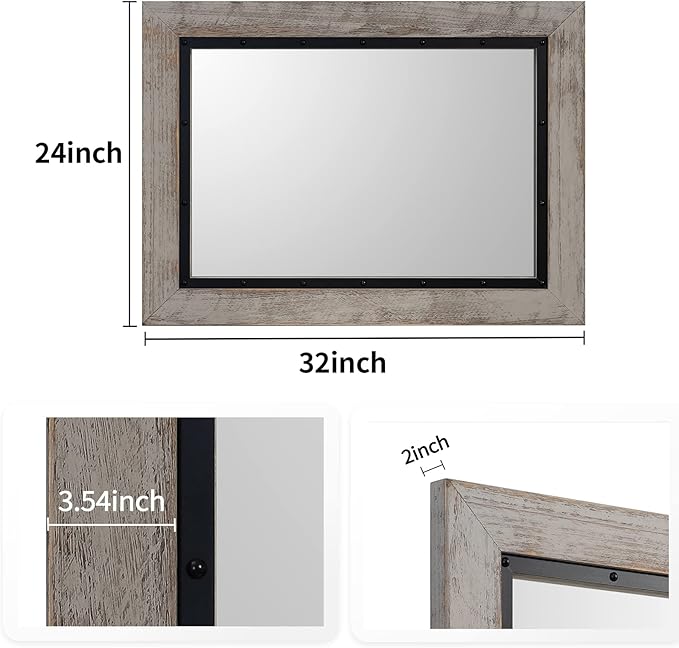 YOSHOOT Rustic Wooden Framed Wall Mirror, 32"x24", Natural Wood and Iron Bathroom Vanity Mirror for Farmhouse Decor, Vertical or Horizontal Hanging