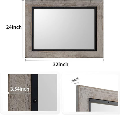 YOSHOOT Rustic Wooden Framed Wall Mirror, 32"x24", Natural Wood and Iron Bathroom Vanity Mirror for Farmhouse Decor, Vertical or Horizontal Hanging