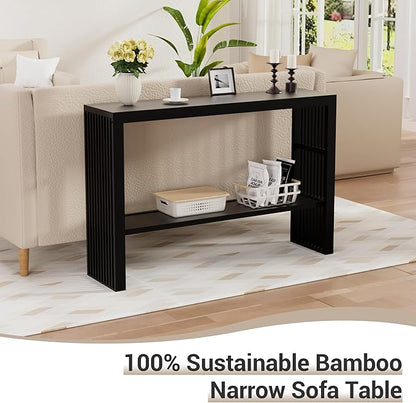Bamboo Wood Console Table 47.2" Entryway Table, 2-Tier Farmhouse Narrow Sofa Table w/Storage Shelf, Couch Table Behind Sofa Easy Assembly for Entrance, Hallway, Living Room, Foyer(Black)