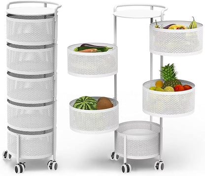 JAQ Rotating Fruit Basket, 5-Tier Metal Sturdy Kitchen Storage Rack Carts No Assembly on Rolling Wheels for Fruit Vegetable Grocery Corns Potato Onion in Bathroom(White, 5-Tier)