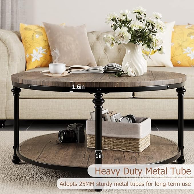 34.25in Round Wood Coffee Table,2-Tier Small Coffee Table with Storage Shelf Modern Design Home Furniture for Living Room, Apartment，Light Walnut