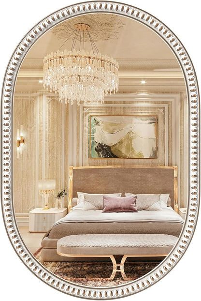 Wooden Oval Wall Mirror with Beads, 24x36 Inches Rustic Farmhouse Decorative Mirror for Entryway, Fireplace, Living Room, Hallway, Bathroom