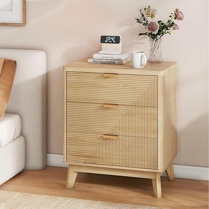 3 Drawer Fluted Nightstand for Bedroom, Modern Wood Chest of Drawers with Curved Profile, Fluted Dresser & Wood Drawer Organizer for Bedroom and Hallway