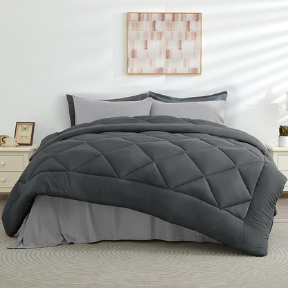 HEVUMYI Queen Comforter Set - 7-Piece All Season Bed in a Bag Queen, Ultra Soft Bedding Set with Comforter, Flat Sheet, Fitted Sheet, Pillowcases, Pillow Shams, Dark Grey & Light Grey