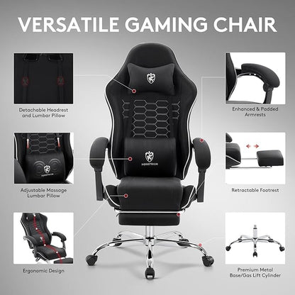 Gaming Chair Breathable Fabric,Computer Office Chair with Footrest,Massage Lumbar Support and Gel Pad,Ergonomic Reclining Adjustable Gamer Chair with Headrest and Spring Cushion Black
