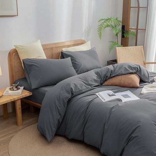 BESTOUCH Duvet Cover Set 100% Washed Cotton Linen Feel Super Soft Comfortable Chic Lightweight 3 PCs Home Bedding Set Solid Quiet Shade Grey Oversized Queen