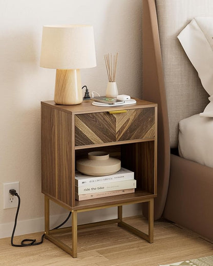 Nightstand with Charging Station, Boho Night Stand Wood Farmhouse Bedside Table with Storage, End Side Accent Table Walnut