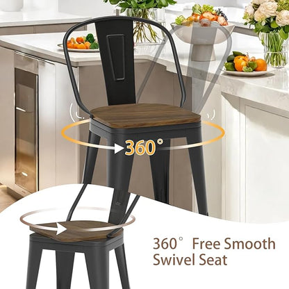 26” Swivel Bar Stools Set of 4, Counter Height Bar Stools Wooden Seat, Metal Industrial Bar Chairs with High Back for Kitchen Island (Black)