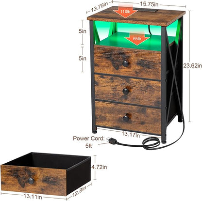 AMHANCIBLE LED Nightstand with Charging Station, Smart End Side Table with USB Port & Power Outlet, Bedside Table with Fabric Drawers for Bedroom, Living Room, Rustic Brown, HET053LBR-1