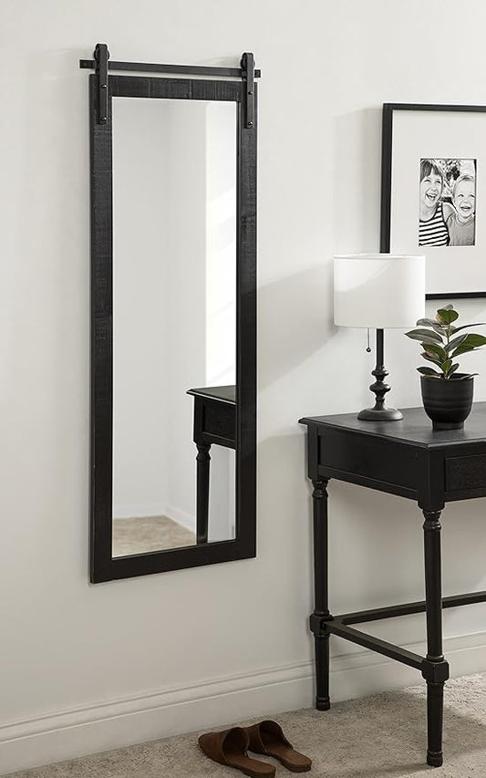 Kate and Laurel Cates Farmhouse Wood Framed Panel Wall Mirror; 18 x 50; Black; Decorative Rustic Barn Door Inspired Wall Mirror Decor With Full Length Size