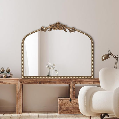 Baroque Arch Mirror for Living Room Wall, 36" X 30" Antique Gold Traditional Cathedral Ornate Beaded Arched Frame Decorative Vanity Mirrors for Mantel Fireplace, Bathroom, Bedroom Decor