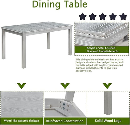 soges 6 Piece Wooden Dining Table Set, Dining Room Table with 4 Upholstered Chairs and Bench, Rectangular 6-Person Kitchen Dining Table Set with Crystal Decoration, Silver Grey