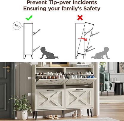 Maupvit Large Shoe Storage Cabinet with 4 Flip Drawers, Narrow Shoe Cabinet for Entryway with Wooden Legs, Freestanding Hidden Shoe Rack Organizer ＆ Metal Hinges, Beige