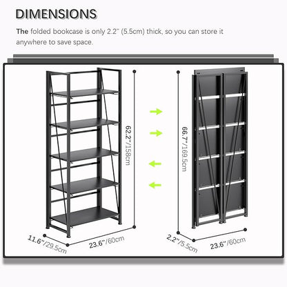 4NM No Assembly Folding Bookshelf, 5-Shelf 62.2" H Collapsible Foldable Bookcase Storage for Small Spaces, All Black