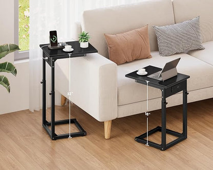 Vagusicc C Shaped End Table with Charging Station, 33" Tall Side Table for Couch, C Table Adjustable Height Small Couch Side Tables, Slide Under Sofa Table TV Tray Tables for Living Room,Bedroom,Black