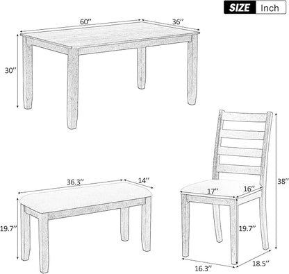 Merax 6-Piece Wooden Rectangular Dining Table Set with 4 Upholstered Chairs and Bench, Whitewash+Brown