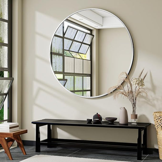 Black Round Bathroom Mirror, 42 inch Large Circle Wall Mounted Hanging Mirror with Simple Modern Circular Metal Frame for Hallway, Entryway, Living Room, Silver Frame