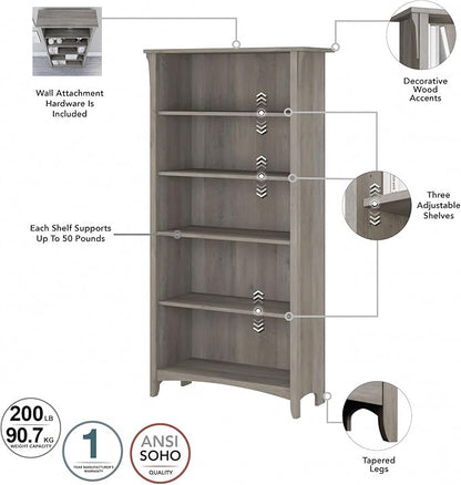 Bush Furniture Salinas 5 Shelf Bookcase in Driftwood Gray, Tall Bookshelf, Large Book Shelf for Living Room, Home Office, or Entryway