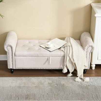 Furniliving 55” End of Bed Bench, Bedroom Bench with Button-Tufted, Large Upholstered Storage Ottoman Entryway Bench with Storage Shoe Cabinet Bench, for Bedroom, Linen, Camel