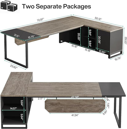 Tribesigns 70.8" Executive Desk with 55" File Cabinet, Industrial L Shaped Computer Desk with Storage Shelves and Cabinet, Large L Shaped Executive Desk for Home Office, Retro Gray & Black