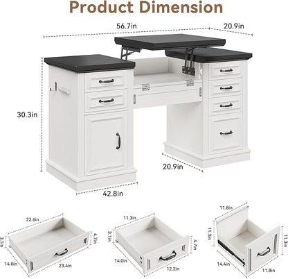 Farmhouse 57" Lift Desktop Executive Desk with 6 Drawers and Charging Station, Wood Home Office Computer Desk with File Cabinet Storage, Keyboard Tray,Headphone hook for Work,Study, Antique White