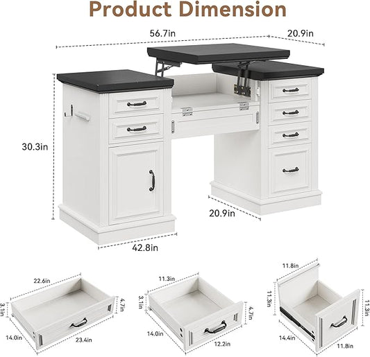 Farmhouse 57" Lift Desktop Executive Desk with 6 Drawers and Charging Station, Wood Home Office Computer Desk with File Cabinet Storage, Keyboard Tray,Headphone hook for Work,Study, Antique White