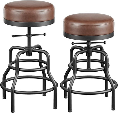 Adjustable Height Swivel Bar Stools Set of 2, 22-29 Inch Industrial Vintage Bar Counter Height Stools with Thicken Premium Bonded Leather Seats & Updated Footrests, Easy Assembly, Brown