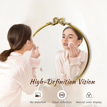 Vintage Gold Round Mirror 23.6inch Decorative Bow Mirrors for Wall Antique Bathroom Vanity Ornate Wall Mirror, Metal Baroque Bow Decor for Living Room, Entryway, Bedroom, Hallway